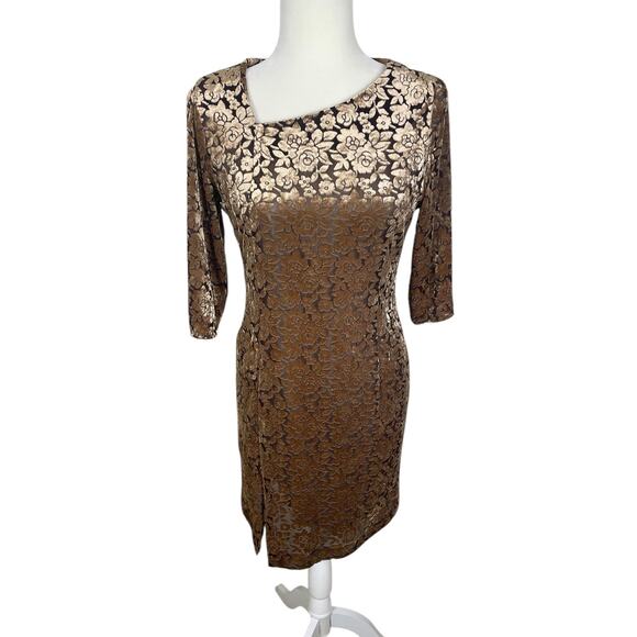 Crushed Velvet Burnout Floral Dress Brown Gold Women's Sz Small Y2K Whimsigoth - Picture 1 of 15